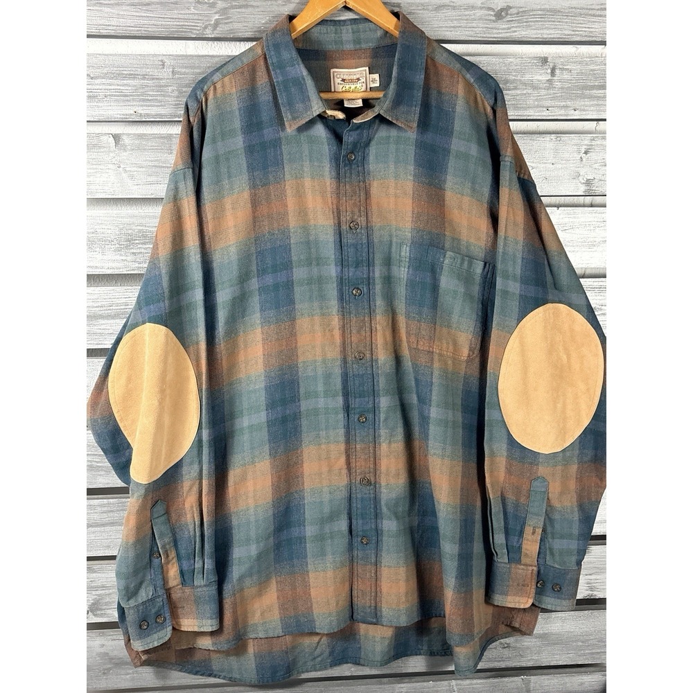 Cabelas Flannel Shirt Mens 3XLT Plaid Long Sleeve Button Up Elbow Patches